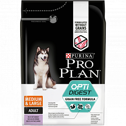 Сухой беззерновой корм для собак средних и крупных пород Pro Plan Optidigest Grain Free Formula для чувствительного пищеварения, индейка