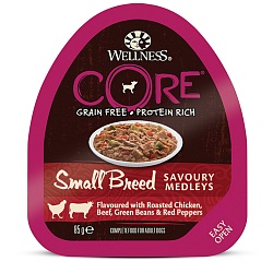 Консервы для собак мелких пород Wellness Core Small Breed аппетитное попурри из курочки и говядины, запеченных с зеленой фасолью и красным перцем, 85 г