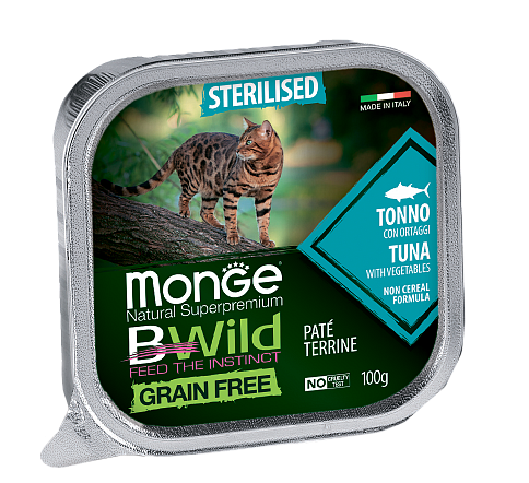 Беззерновые консервы для стерилизованных кошек Monge BWild Cat Grain Free из тунца с овощами, 100 г
