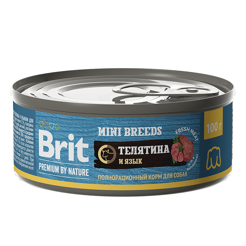 Консервы Brit Premium by Nature для взрослых собак мелких пород, с телятиной и языком 100 г х 12 шт.