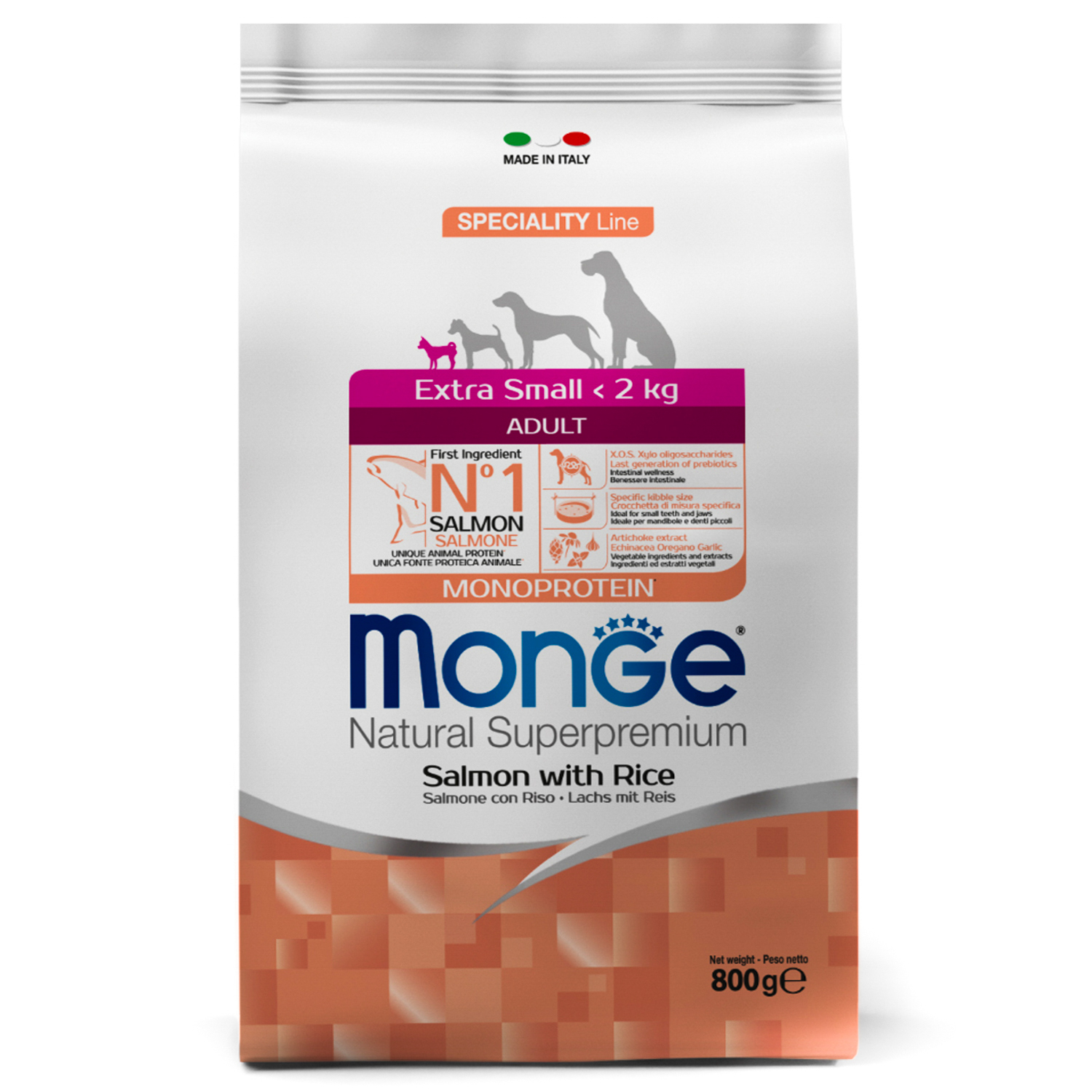 Сухой корм для взрослых собак миниатюрных пород Monge Speciality Extra Small Adult Salmone, с лососем и рисом