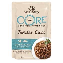 Wellness Core Tender Cuts пауч для кошек нежные кусочки курицы и лосося в пикантном соусе, 85 г